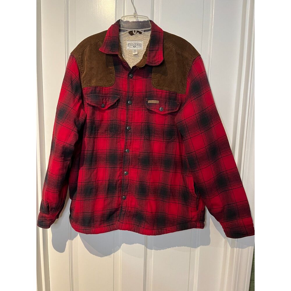 Field & Stream Mens Plaid Sherpa Lined Flannel Jacket Corduroy Shoulder RedBlack